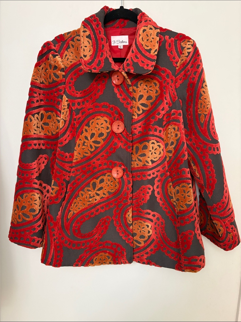 3 Sisters Red and Orange Paisley Pea Coat